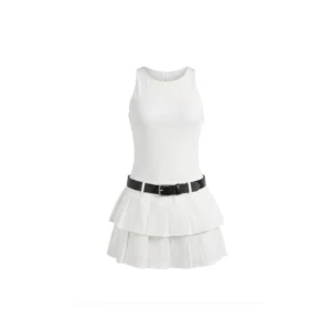 Vestido Plisado Blanco con Cinturón